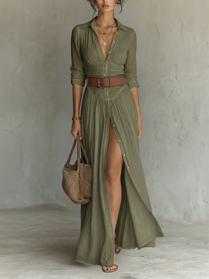 Women’s Long Maxi Dress with Notched Lapel Collar and Long Sleeves in Linen