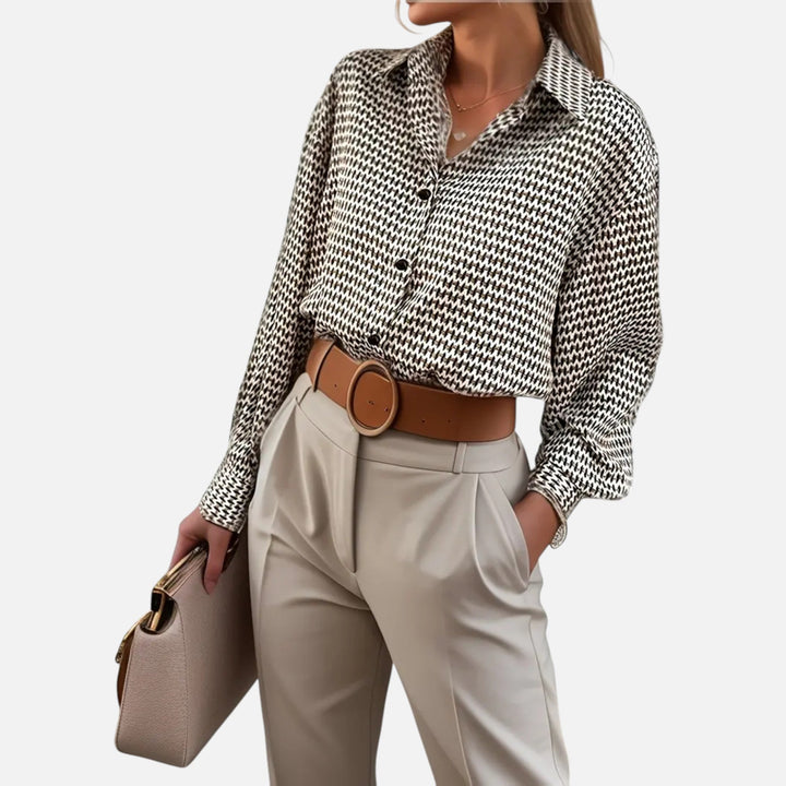 Elara | Women's Geometric Print Blouse With Long Sleeve And Contrast Buttons | Chic