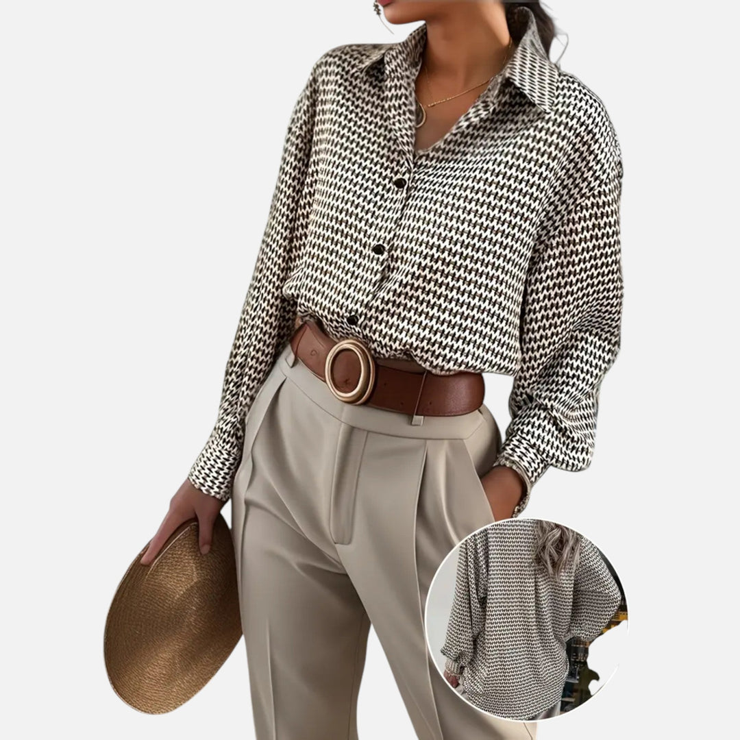 Elara | Women's Geometric Print Blouse With Long Sleeve And Contrast Buttons | Chic