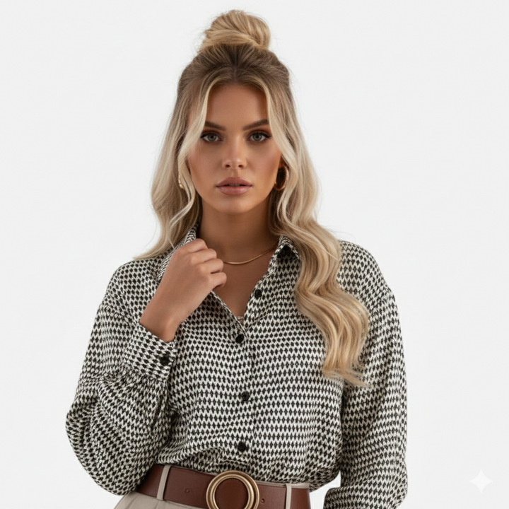 Elara | Women's Geometric Print Blouse With Long Sleeve And Contrast Buttons | Chic